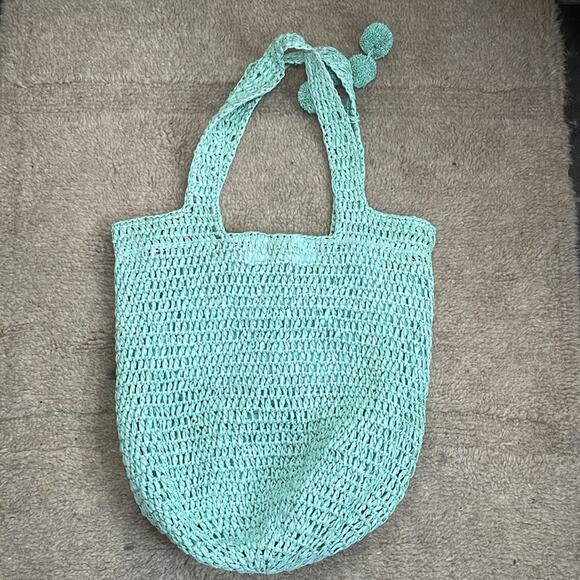 btb Blue Riley Straw Pom Pom Shoulder Tote Bag - Picture 2 of 5
